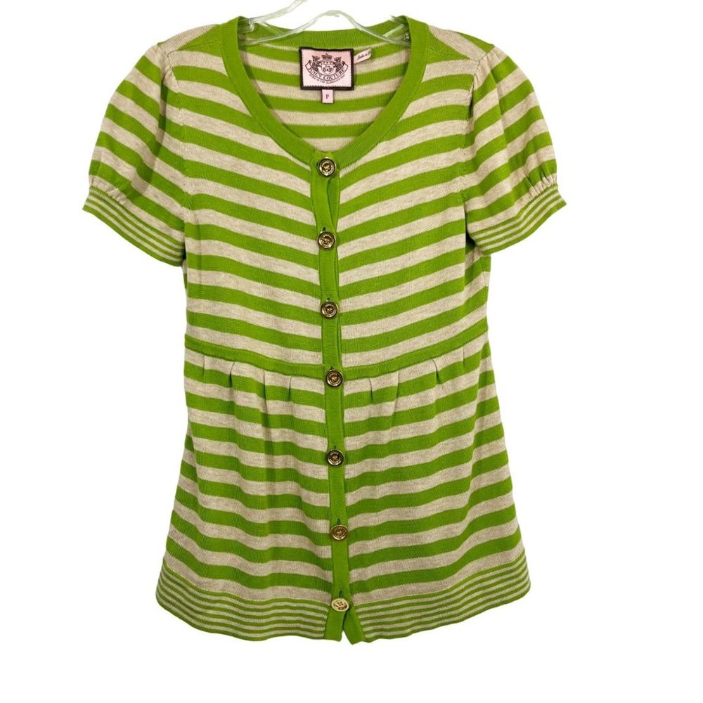 Vintage Juicy‎ Couture Y2K Green Striped Short Sleeve Button Cardigan - Size P